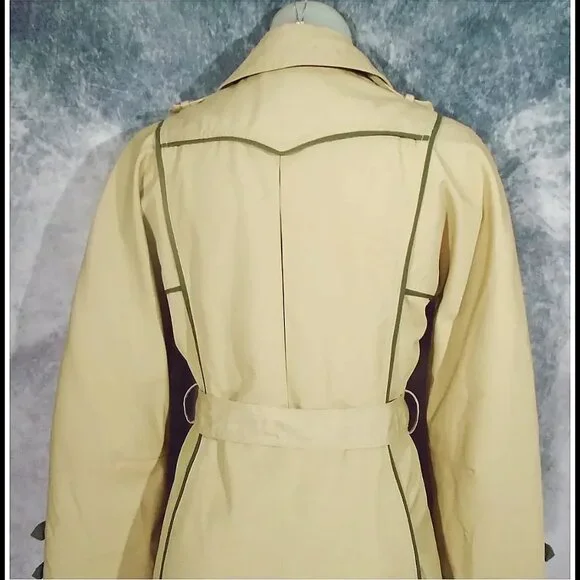 MOD Vintage Khaki Trench Coat Geometric Lines Raincoat VFG, Unique Styling - Picture 6 of 14